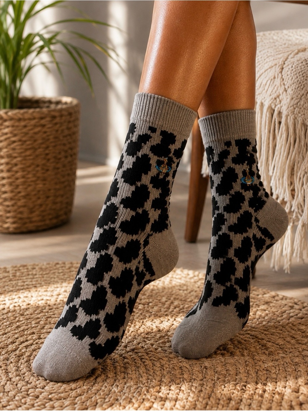 🩶 NWT Vivienne Westwood Leopard Crew Socks | Made in Japan | Gray & Black | Rare